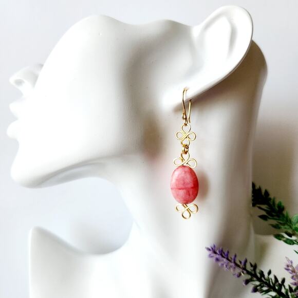 Pink Agate Oval Stone Beads Gold Wire Wrapped Dangle Earrings - Picture 4 of 8